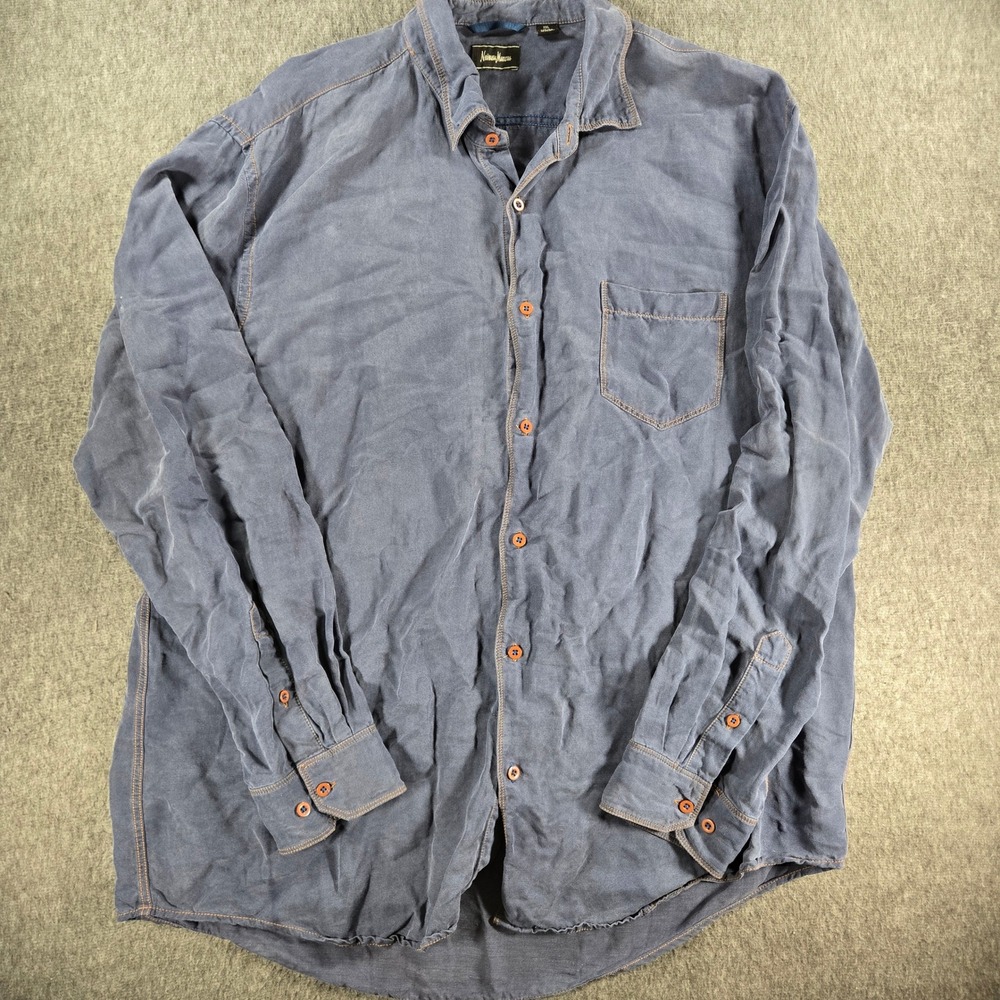 Neiman Marcus Shirt Mens XXL Blue Silk Linen Long Sleeve Button Up Contrast